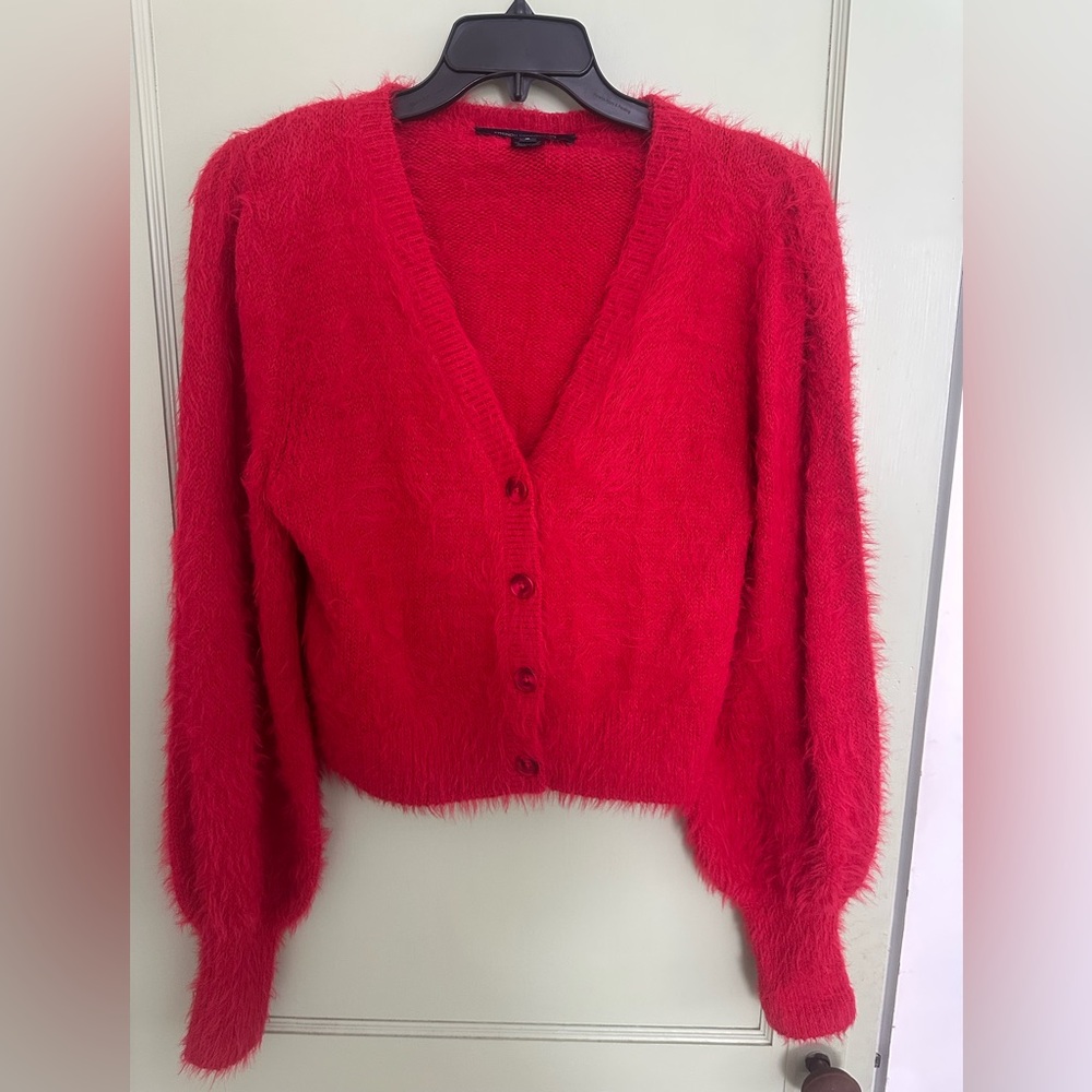 French Connection fuzzy red cardigan size medium